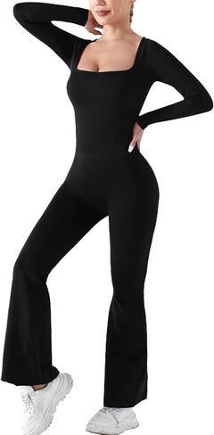 Jumpsuits for Women Long Sleeve Square Neck Wide Leg Full Length One Piece Romper Playsuit Workout Bodysuit in Saudi Arabia