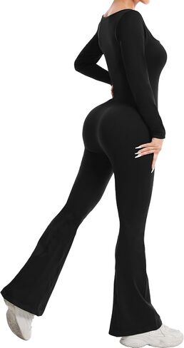Jumpsuits for Women Long Sleeve Square Neck Wide Leg Full Length One Piece Romper Playsuit Workout Bodysuit in Saudi Arabia