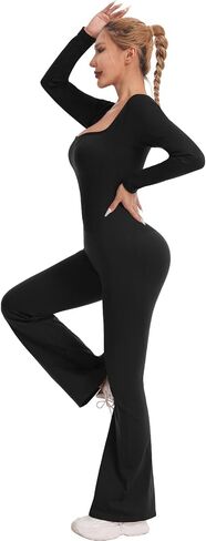 Jumpsuits for Women Long Sleeve Square Neck Wide Leg Full Length One Piece Romper Playsuit Workout Bodysuit in Saudi Arabia