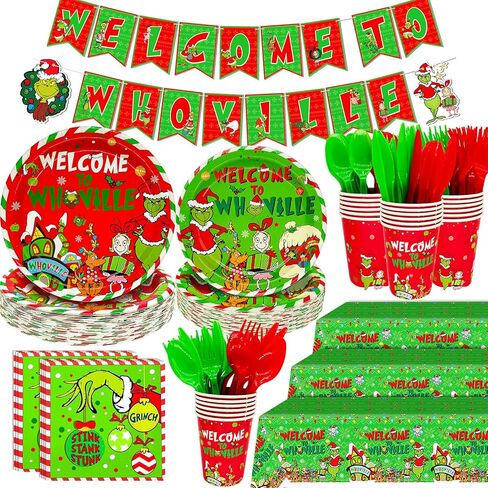 251 قطعة من زينة عيد الميلاد Whoville مرحبًا بكم في لافتة Whoville الورقية، مفرش طاولة أخضر، مناديل خضراء، شوك خضراء وبالون أخضر لعيد الميلاد من أجل لوازم حفلات عيد الميلاد Whoville in Kuwait