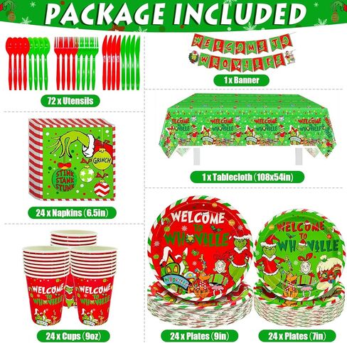 251 قطعة من زينة عيد الميلاد Whoville مرحبًا بكم في لافتة Whoville الورقية، مفرش طاولة أخضر، مناديل خضراء، شوك خضراء وبالون أخضر لعيد الميلاد من أجل لوازم حفلات عيد الميلاد Whoville in Kuwait