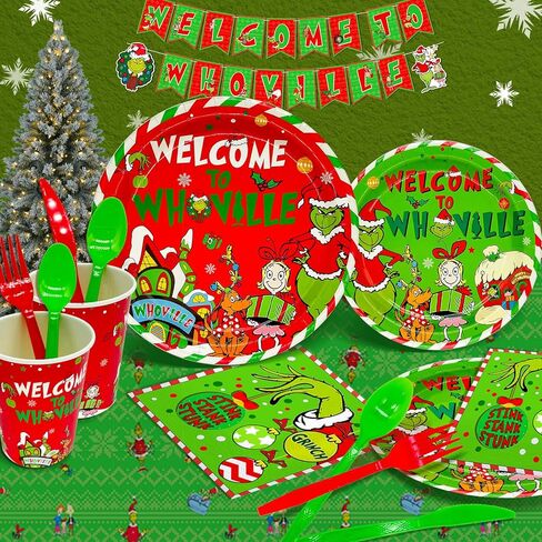251 قطعة من زينة عيد الميلاد Whoville مرحبًا بكم في لافتة Whoville الورقية، مفرش طاولة أخضر، مناديل خضراء، شوك خضراء وبالون أخضر لعيد الميلاد من أجل لوازم حفلات عيد الميلاد Whoville in Kuwait