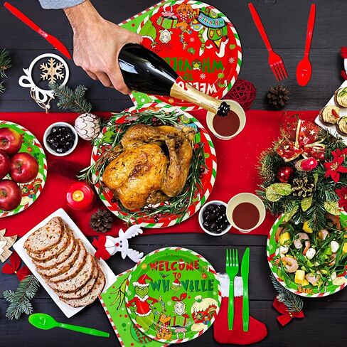 251 قطعة من زينة عيد الميلاد Whoville مرحبًا بكم في لافتة Whoville الورقية، مفرش طاولة أخضر، مناديل خضراء، شوك خضراء وبالون أخضر لعيد الميلاد من أجل لوازم حفلات عيد الميلاد Whoville in Kuwait