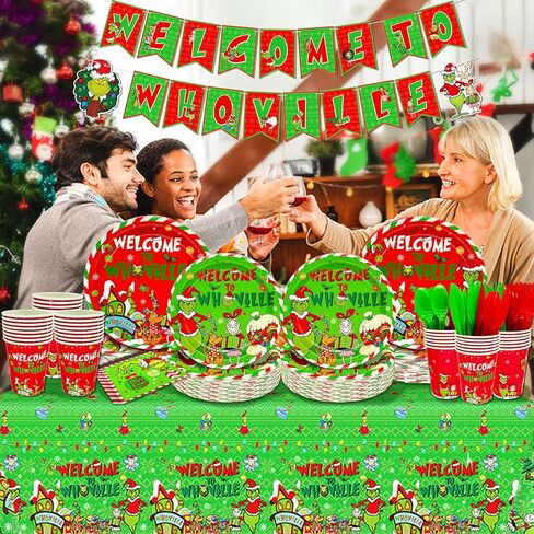 251 قطعة من زينة عيد الميلاد Whoville مرحبًا بكم في لافتة Whoville الورقية، مفرش طاولة أخضر، مناديل خضراء، شوك خضراء وبالون أخضر لعيد الميلاد من أجل لوازم حفلات عيد الميلاد Whoville in Kuwait