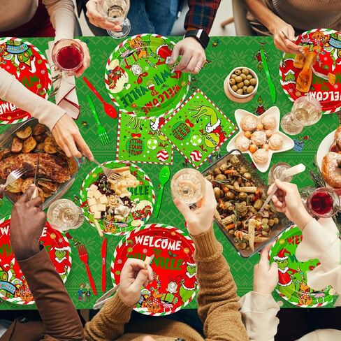 251 قطعة من زينة عيد الميلاد Whoville مرحبًا بكم في لافتة Whoville الورقية، مفرش طاولة أخضر، مناديل خضراء، شوك خضراء وبالون أخضر لعيد الميلاد من أجل لوازم حفلات عيد الميلاد Whoville in Kuwait