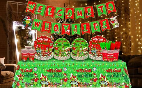 251 قطعة من زينة عيد الميلاد Whoville مرحبًا بكم في لافتة Whoville الورقية، مفرش طاولة أخضر، مناديل خضراء، شوك خضراء وبالون أخضر لعيد الميلاد من أجل لوازم حفلات عيد الميلاد Whoville in Kuwait
