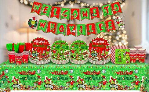 251 قطعة من زينة عيد الميلاد Whoville مرحبًا بكم في لافتة Whoville الورقية، مفرش طاولة أخضر، مناديل خضراء، شوك خضراء وبالون أخضر لعيد الميلاد من أجل لوازم حفلات عيد الميلاد Whoville in Kuwait