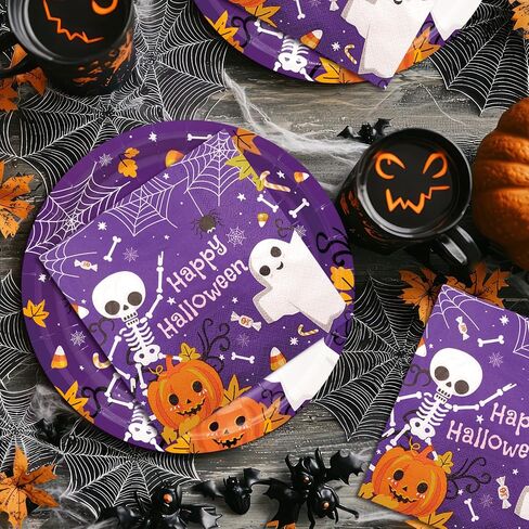 YY Halloween Party Paper Plates Napkins Set 60PCS Purple Ghosts 9in Dinner Plates with 13in Disposable Paper Napkins for Halloween Party Table Decorations in Saudi Arabia