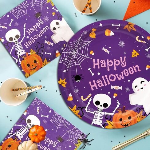 YY Halloween Party Paper Plates Napkins Set 60PCS Purple Ghosts 9in Dinner Plates with 13in Disposable Paper Napkins for Halloween Party Table Decorations in Saudi Arabia