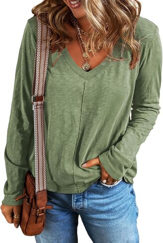 EVALESS Womens Casual V Neck Tops Fall 2024 Long Sleeve Shirts Basic T Shirts Lightweight Loose T-Shirts Cotton Tee Clothes in Kuwait