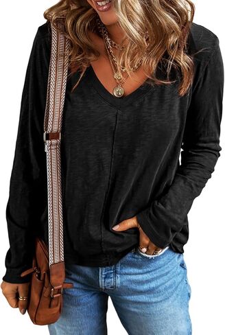 EVALESS Womens Casual V Neck Tops Fall 2024 Long Sleeve Shirts Basic T Shirts Lightweight Loose T-Shirts Cotton Tee Clothes in Kuwait