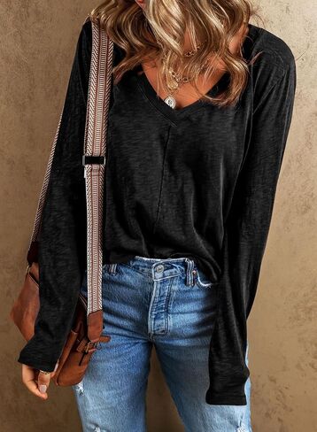 EVALESS Womens Casual V Neck Tops Fall 2024 Long Sleeve Shirts Basic T Shirts Lightweight Loose T-Shirts Cotton Tee Clothes in Kuwait