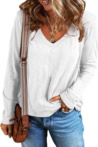 EVALESS Womens Casual V Neck Tops Fall 2024 Long Sleeve Shirts Basic T Shirts Lightweight Loose T-Shirts Cotton Tee Clothes in Kuwait