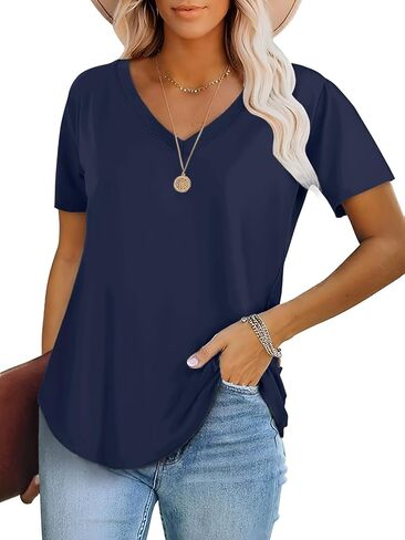 ATHMILE Womens V Neck Short Sleeve Summer T Shirts Curved Hem Plain Top in Kuwait