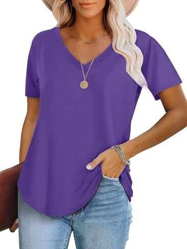ATHMILE Womens V Neck Short Sleeve Summer T Shirts Curved Hem Plain Top in Kuwait