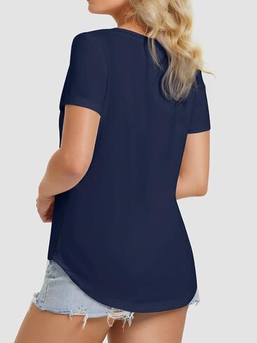 ATHMILE Womens V Neck Short Sleeve Summer T Shirts Curved Hem Plain Top in Kuwait