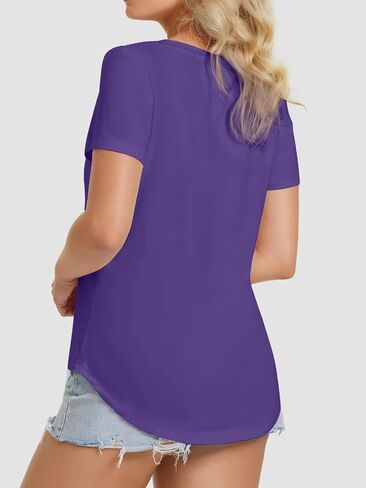 ATHMILE Womens V Neck Short Sleeve Summer T Shirts Curved Hem Plain Top in Kuwait