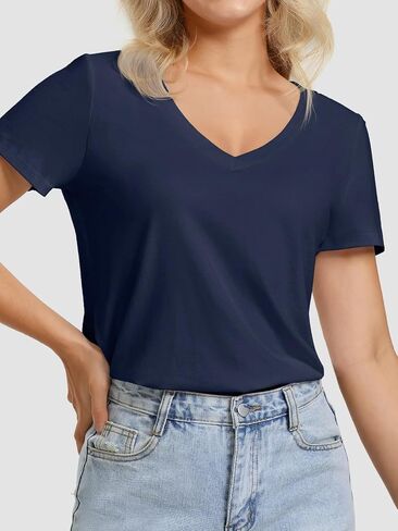ATHMILE Womens V Neck Short Sleeve Summer T Shirts Curved Hem Plain Top in Kuwait