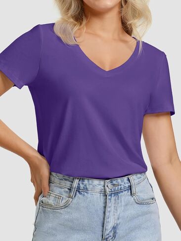 ATHMILE Womens V Neck Short Sleeve Summer T Shirts Curved Hem Plain Top in Kuwait