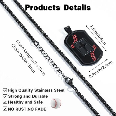 Baseball Bible Verse Cross Necklace for Men Stainless Steel Black/Gold/Silver Tone Cross Pendant First Communion Baptism Religious Gift Baseball Sports Jewelry for Men 𝐁𝐨𝐲𝐬 with Stainless Steel Chain 22+2 inch in Saudi Arabia