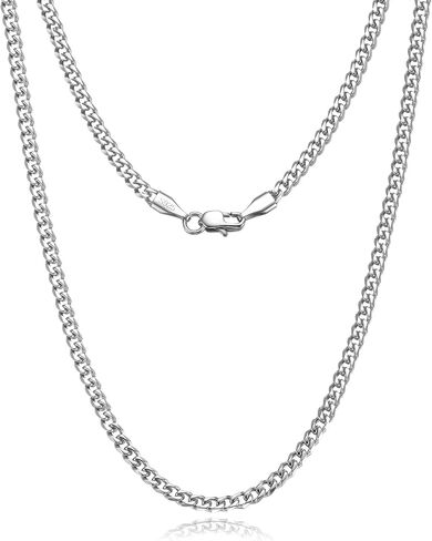 3.5mm Cuban Link Curb Chain Necklace for Women Men 925 Sterling Silver Plated Stainless Steel Necklace Available In 16/18/20/22/24/26/28/30 Inches Silver Chain Necklace for Men Come Gift Box in Saudi Arabia
