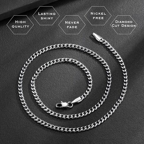 3.5mm Cuban Link Curb Chain Necklace for Women Men 925 Sterling Silver Plated Stainless Steel Necklace Available In 16/18/20/22/24/26/28/30 Inches Silver Chain Necklace for Men Come Gift Box in Saudi Arabia