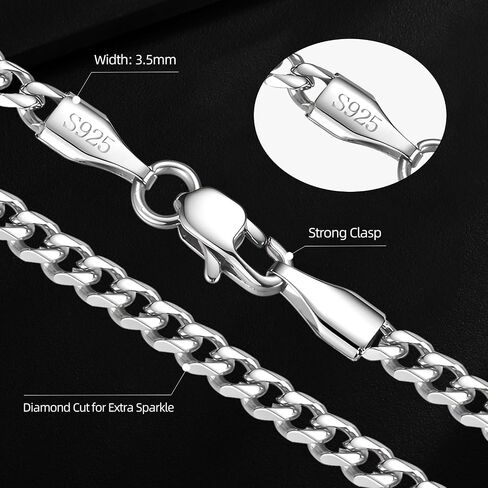 3.5mm Cuban Link Curb Chain Necklace for Women Men 925 Sterling Silver Plated Stainless Steel Necklace Available In 16/18/20/22/24/26/28/30 Inches Silver Chain Necklace for Men Come Gift Box in Saudi Arabia