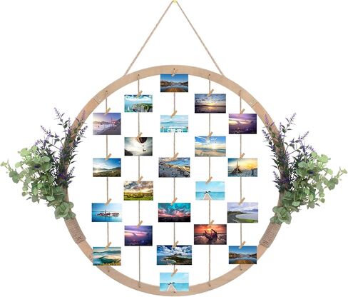 Large Round Wooden Multi Picture Frames - 60CM/23.62" Artificial Flower/Eucalyptus Hanging Display Board Photo Frames Collage Wall Decor, for Spring Mother's Day Grandma Christmas in Kuwait