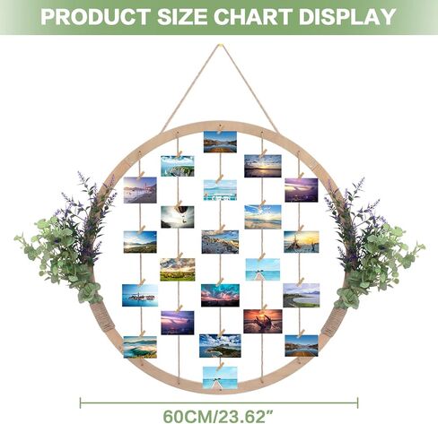 Large Round Wooden Multi Picture Frames - 60CM/23.62" Artificial Flower/Eucalyptus Hanging Display Board Photo Frames Collage Wall Decor, for Spring Mother's Day Grandma Christmas in Kuwait