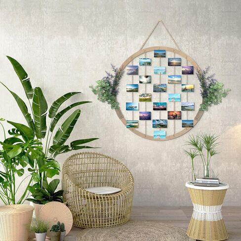 Large Round Wooden Multi Picture Frames - 60CM/23.62" Artificial Flower/Eucalyptus Hanging Display Board Photo Frames Collage Wall Decor, for Spring Mother's Day Grandma Christmas in Kuwait