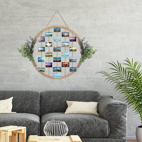 Large Round Wooden Multi Picture Frames - 60CM/23.62" Artificial Flower/Eucalyptus Hanging Display Board Photo Frames Collage Wall Decor, for Spring Mother's Day Grandma Christmas in Kuwait