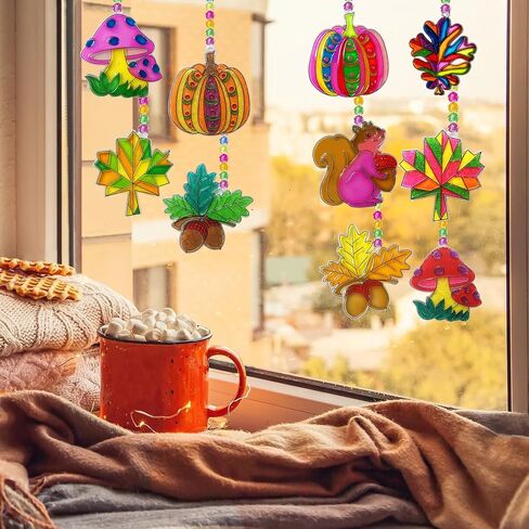 ayhuhra 30 مجموعات سقوط أوراق اليقطين الجوزة suncatchers سلاسل المفاتيح الحرفية مجموعات DIY نافذة الفن الطلاء عدة الخريف الفنون والحرف مابل ليف الشمس الماسكون لكبار السن الخريف الشكر مشروع فني in Saudi Arabia