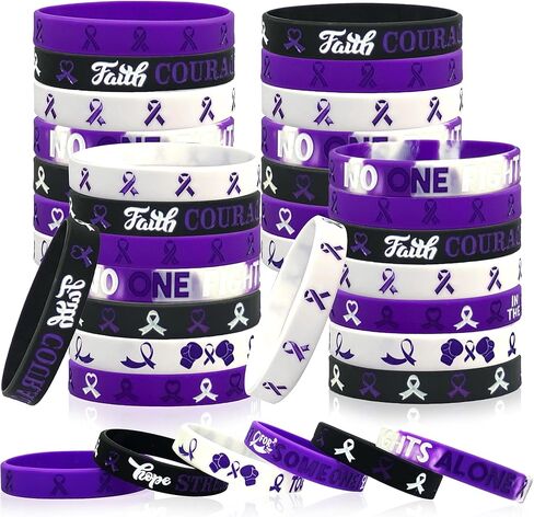60 Pcs Purple Ribbon Bracelets Hope Strength Faith Courage Awareness Silicone Wristbands Raise Awareness for Animal Abuse, Alzheimer's, Lupus and Pancreatic Cancer Party Favors Gifts (Purple) in Saudi Arabia