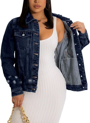 Women's Denim Jacket Distressed Ripped Jean Coats in Kuwait