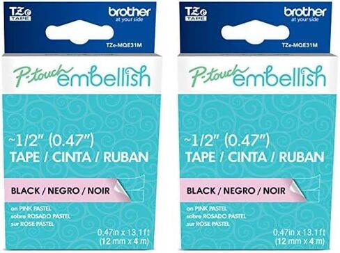 Brother P-Touch Embellish Black Print on Pastel Pink Tape TZEMQE31M – ~½" Wide x 13.1’ Long for use with P-Touch Embellish Ribbon & Tape Printer in Kuwait