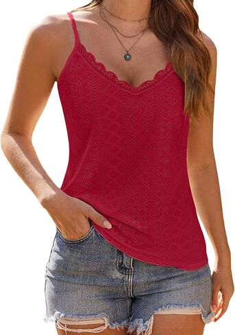 Womens Lace Camisole Tops V Neck Spaghetti Strap Cute Top Sleeveless Blouses Loose Fit Eyelet Tops for Women in Kuwait