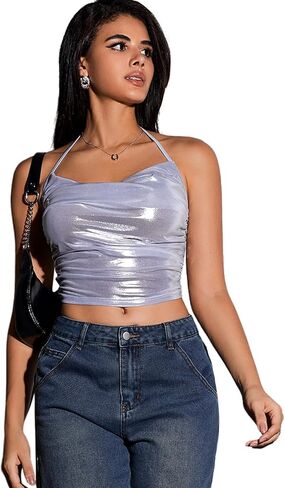 OYOANGLE Women's Metallic Sleeveless Tie Backless Ruched Y2K Streetwear Slim Fit Halter Tops in Saudi Arabia