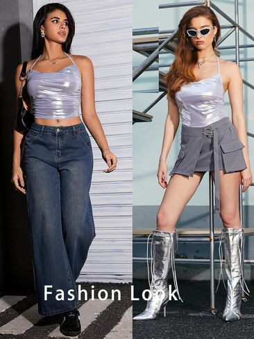 OYOANGLE Women's Metallic Sleeveless Tie Backless Ruched Y2K Streetwear Slim Fit Halter Tops in Saudi Arabia