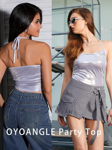 OYOANGLE Women's Metallic Sleeveless Tie Backless Ruched Y2K Streetwear Slim Fit Halter Tops in Saudi Arabia