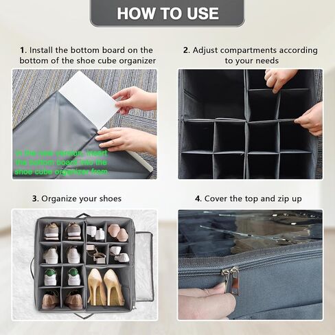 Shoe Storage Organizer for Closet, Large Fabric Shoe Box Storage Containers with Clear Cover and Adjustable Dividers for Shoe Storage, Foldable Shoe Storage Bins Fits 16 Pairs (Grey) in Kuwait