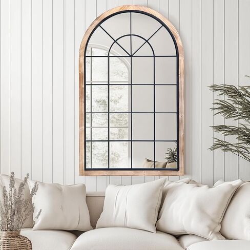 G-LEAF Arched Window Wall Mirror 30"x48",Rustic Farmhouse Accent Mirror,Wood Framed Entry Mirror for Living Room,Bedroom,Kitchen in Kuwait