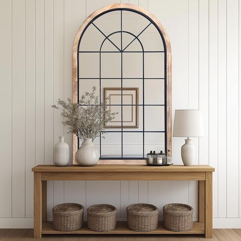 G-LEAF Arched Window Wall Mirror 30"x48",Rustic Farmhouse Accent Mirror,Wood Framed Entry Mirror for Living Room,Bedroom,Kitchen in Kuwait
