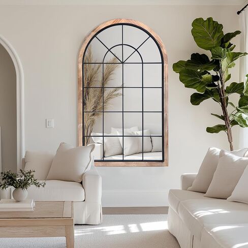 G-LEAF Arched Window Wall Mirror 30"x48",Rustic Farmhouse Accent Mirror,Wood Framed Entry Mirror for Living Room,Bedroom,Kitchen in Kuwait
