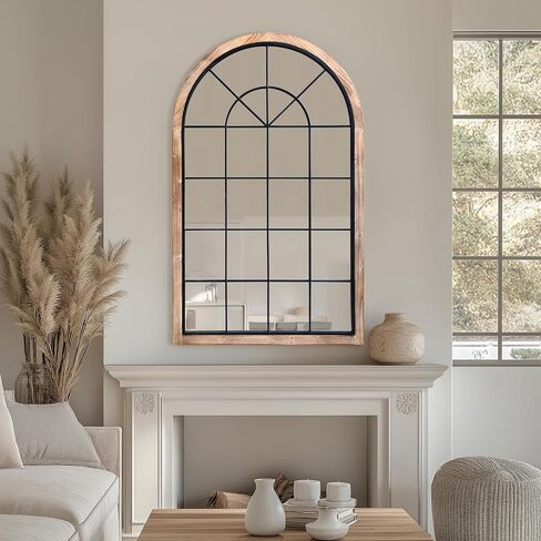 G-LEAF Arched Window Wall Mirror 30"x48",Rustic Farmhouse Accent Mirror,Wood Framed Entry Mirror for Living Room,Bedroom,Kitchen in Kuwait