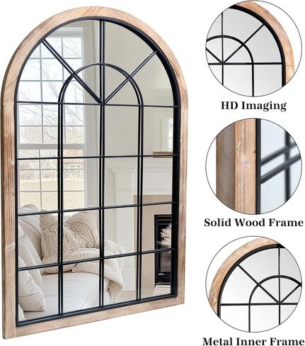 G-LEAF Arched Window Wall Mirror 30"x48",Rustic Farmhouse Accent Mirror,Wood Framed Entry Mirror for Living Room,Bedroom,Kitchen in Kuwait
