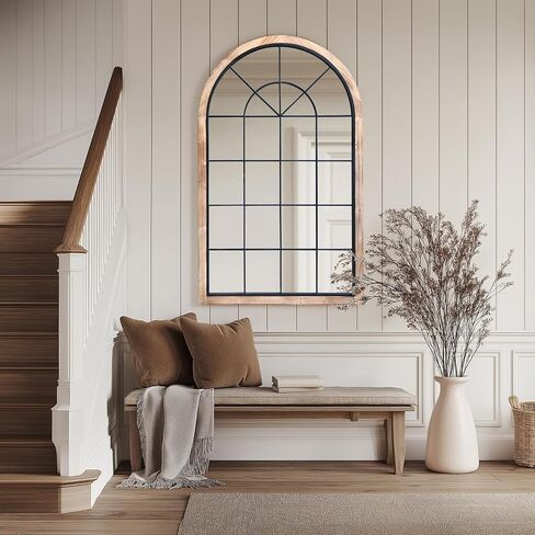 G-LEAF Arched Window Wall Mirror 30"x48",Rustic Farmhouse Accent Mirror,Wood Framed Entry Mirror for Living Room,Bedroom,Kitchen in Kuwait