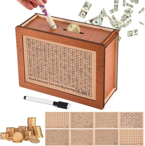Money Saving Box Piggy Bank for Kids, Reusable Wooden Money Saving Box, Cash Savings Box for Boys and Girls 10000 5000 3000 2000 1000 500 Money Savings Challenge in Kuwait