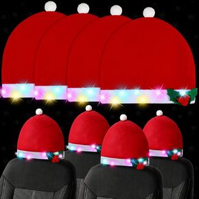 4 Pieces LED Santa Claus Hat Car Seat Headrest Covers Colorful Light Christmas Car Decoration Soft Car Seat Head Rest Cover Protector Interior Accessories Suitable for Most Car Headrests