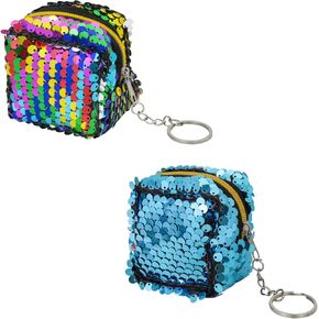 Coin Purse Keychain, 2PCs Double-sided Sequin Coin Purse for Women, Zipper Glitter Change Purse Pouch with Keychain to Store Keys, Change, Coin, Party Favor (2.3 * 2 * 2.3inches) (A)