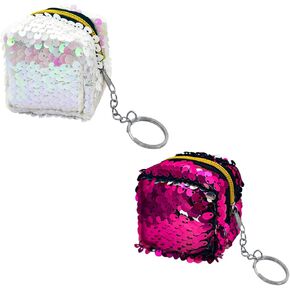 Coin Purse Keychain, 2PCs Double-sided Sequin Coin Purse for Women, Zipper Glitter Change Purse Pouch with Keychain to Store Keys, Change, Coin, Party Favor (2.3 * 2 * 2.3inches) (A)